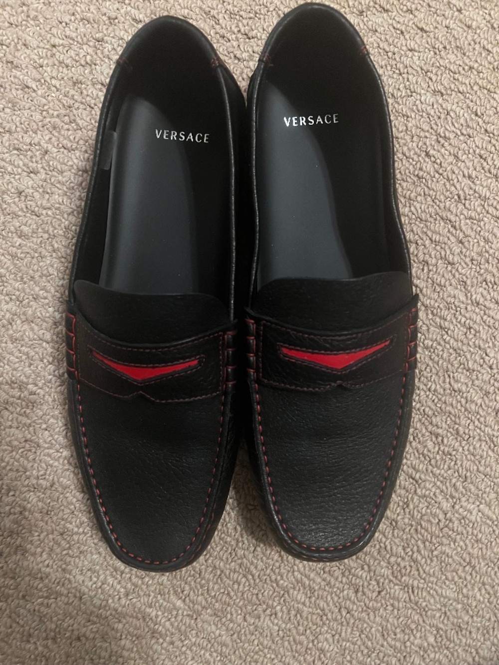 Versace Leather Graphic Print Drivers Navy Blue